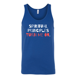 "Spiritual Principles Turn Me On." Recovery-Themed Tank Top - Blue