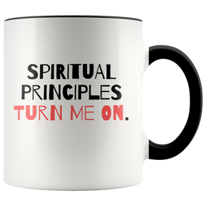 "Spiritual Principles Turn Me On." 12-step coffee mug - Black