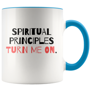 "Spiritual Principles Turn Me On." 12-step coffee mug - Blue