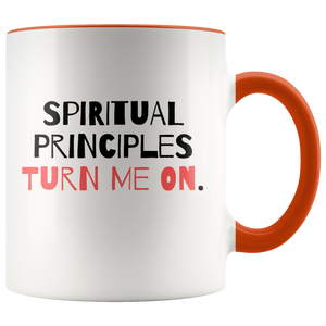 "Spiritual Principles Turn Me On." 12-step coffee mug - Orange