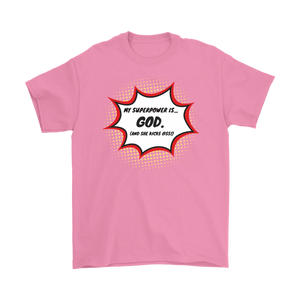 "My Superpower is God" 12-step recovery t-shirt - pink