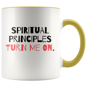 "Spiritual Principles Turn Me On." 12-step coffee mug - Yellow