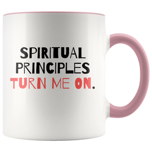 "Spiritual Principles Turn Me On." 12-step coffee mug - Pink